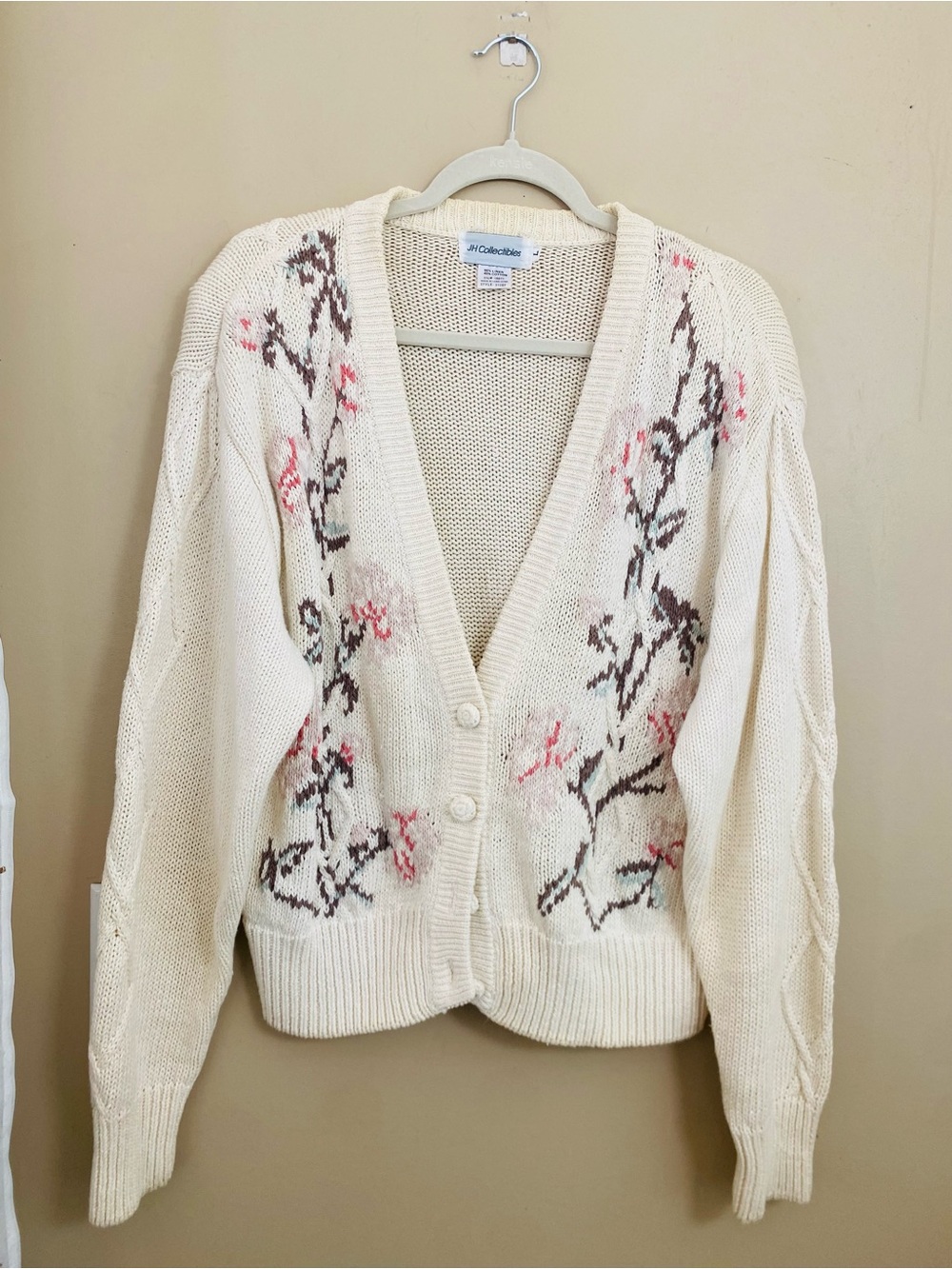 JH Collectibles Vintage Linen Blend Crochet Floral Sweater Cardigan Size Large - Picture 2 of 6